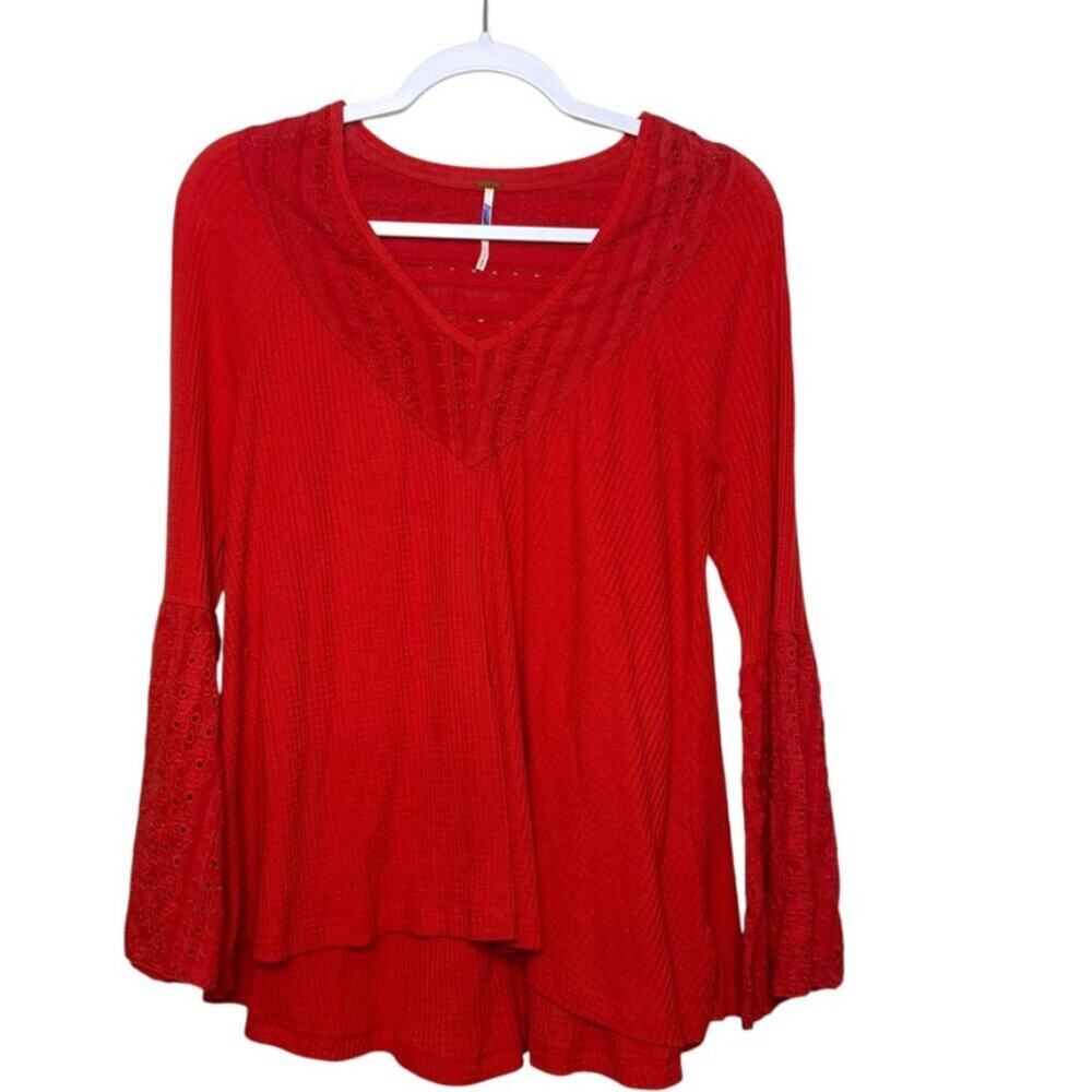 Free People Parsian Nights Flared Sleeve V‎ Neck Blouse Women S Orange Boho